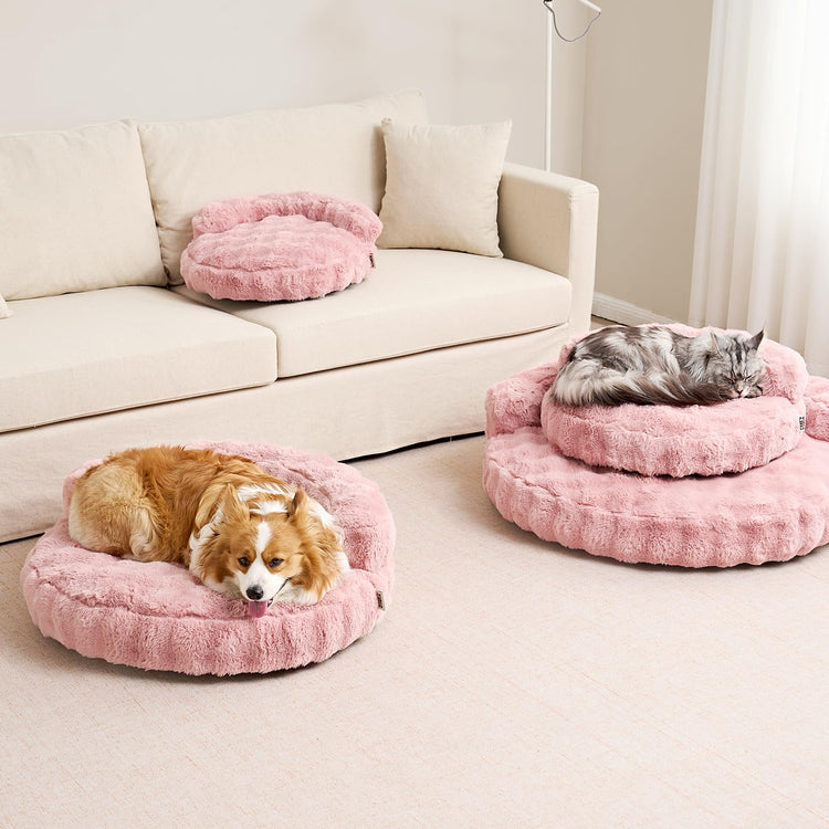 EHEYCIGA Soft Cat Couch Bed for Indoor Cats, Fluffy Small Dog Bed with Removable Washable Cover, Bolster Pet Sofa, Waterproof and Non-Slip, 23" x 23"x 7", Cream