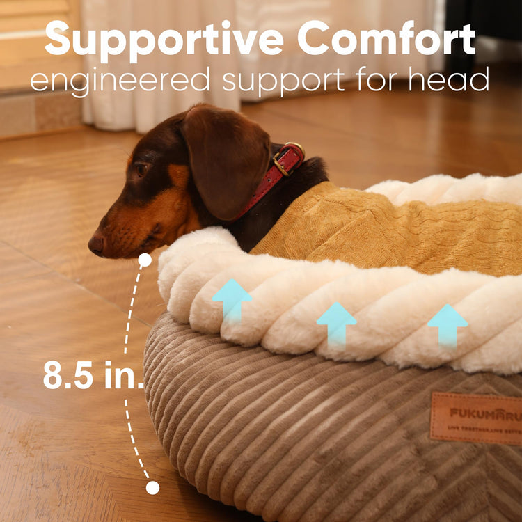 FUKUMARU Cat Bed, Calming Donut Dog Beds, Plush Faux Fur&Corduroy Kitten Beds, Cute Round Washable Pet Bed for Large Cats and Puppy, Cat Cave with Anti-Slip Bottom, 21inch, Camel
