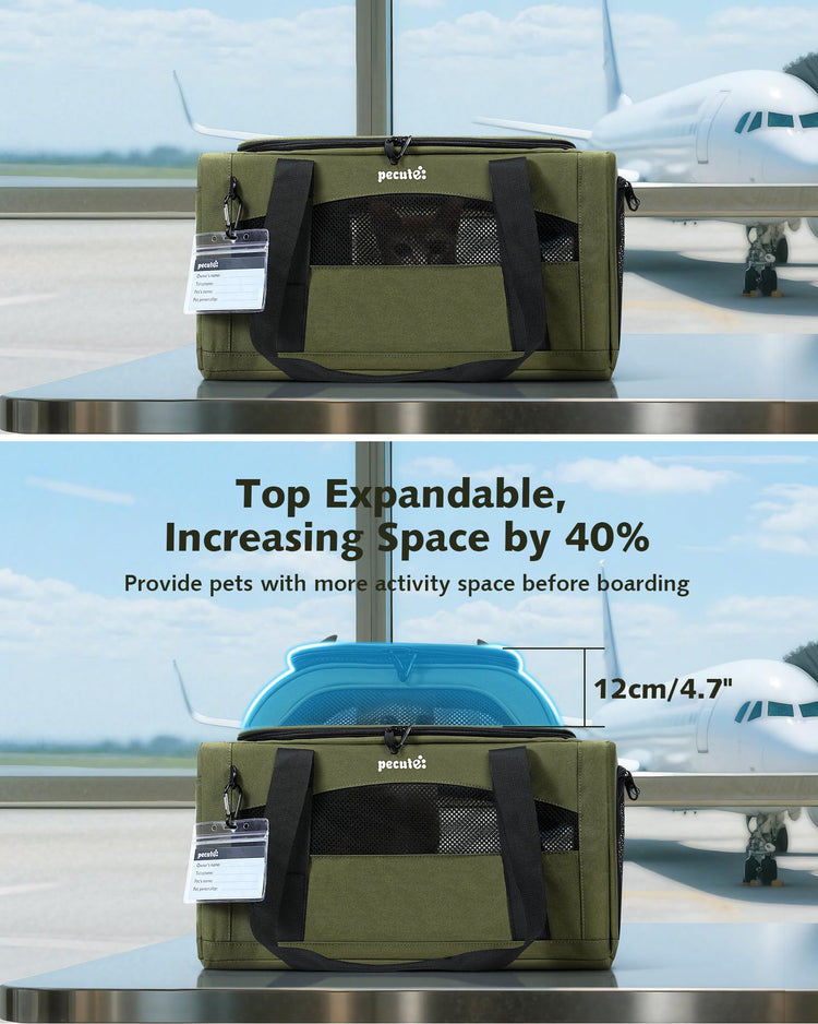 Pecute Expandable Pet Carrier Airline Approved Dog Cat Carrier, Breathable Soft-Sided with Locking Zippers, Pet Travel Bag for Small Dog Cat Anti-Scratch Mesh Leakproof Pee Pad (Dark Gray)