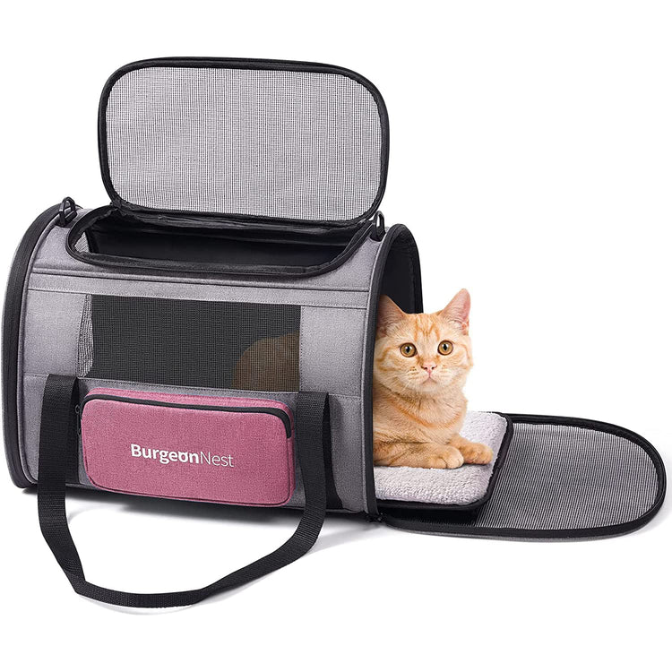 BurgeonNest Cat Carrier for Large Cats 20 lbs, Soft-Sided Pet Carrier for Small Dogs Medium Puppy Under 25 lbs, Puppy Travel Bag with Big Storage Bag, 4 Ventilated Windows, 3 Doors