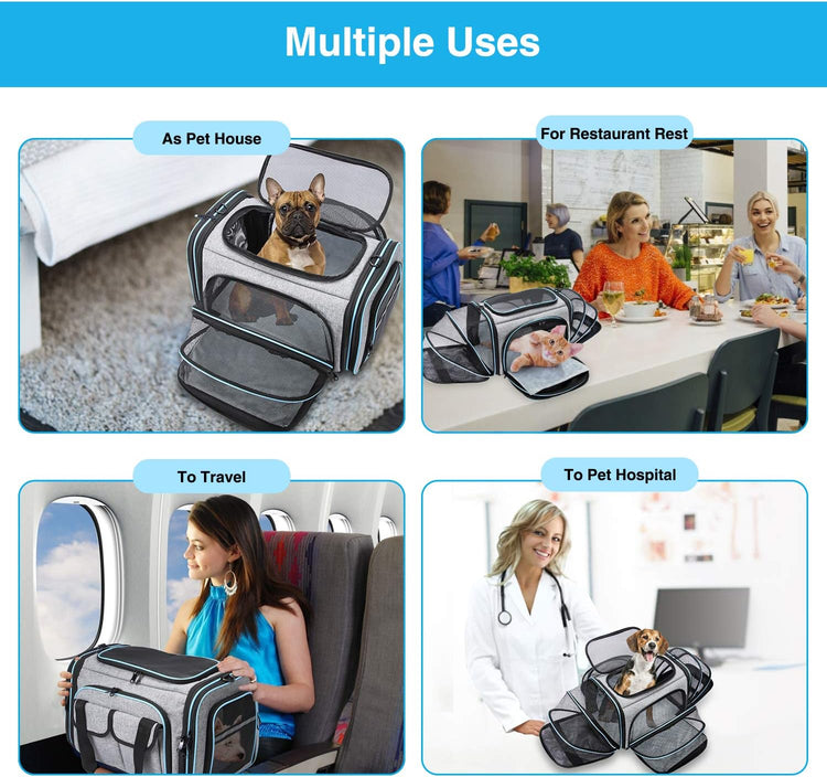 Airline Approved Pet Carrier, Large Soft Sided Pet Travel TSA Carrier 4 Sides Expandable Cat Collapsible Carriers with Removable Fleece Pad and Pockets for Cats Dogs and Small Animals