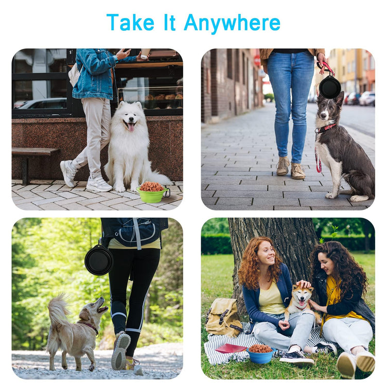 PetBonus 2-Pack Silicone Collapsible Dog Bowls, BPA Free Dishwasher Safe, Portable Foldable Expandable Travel Bowl, Food Water Feeding Cup Dish for Dogs Cats with 2 Carabiners (Turquoise, Tan)