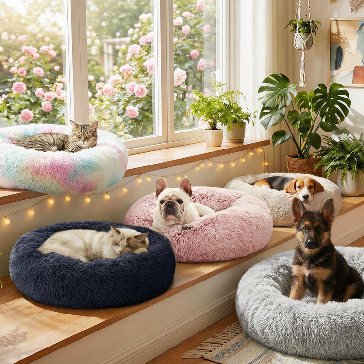 Love's cabin Calming Dog & Cat Bed, Cat Bed for Indoor Cats, Anti-Anxiety Donut Round Bed, Fluffy Warming Pet Bed for Small Medium Dogs and Cats, Beige Taupe 20"/24"