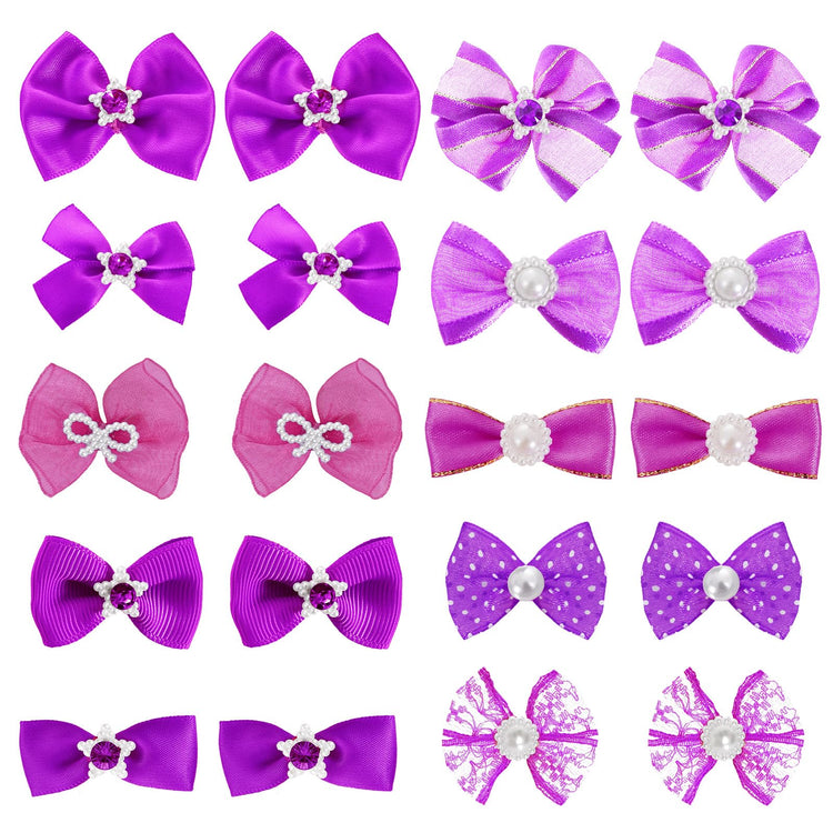 20 PCS Cute Dog Hair Bows with Rubber Bands Elastic Handmade Mix Style Lace Rhinestone Pearls for Furry Puppy Cat Pet Girl, Pink