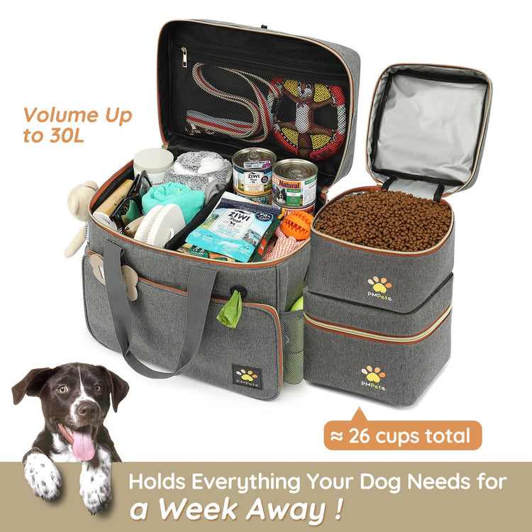 Dog Travel Bag for Traveling| Week Away/Overnight Dog Travel Accessories with Multi-Function Pockets| Travel Set for Dogs and Cats|Ideal Pet Diaper Bag and Pet Gift Kit(Grey)