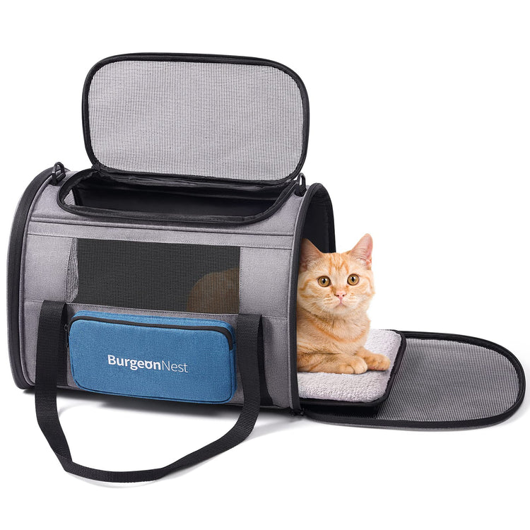 BurgeonNest Cat Carrier for Large Cats 20 lbs, Soft-Sided Pet Carrier for Small Dogs Medium Puppy Under 25 lbs, Puppy Travel Bag with Big Storage Bag, 4 Ventilated Windows, 3 Doors