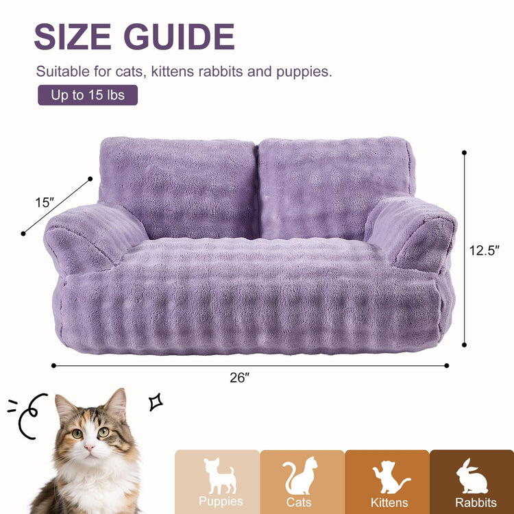 Cat Couch Bed, Cute Soft Pet Sofa for Indoor Cats Kittens Puppies with Removable Washable Cover, 26"x15", Dusty Purple