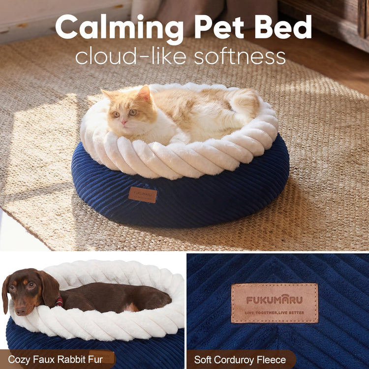 FUKUMARU Cat Bed, Calming Donut Dog Beds, Plush Faux Fur&Corduroy Kitten Beds, Cute Round Washable Pet Bed for Large Cats and Puppy, Cat Cave with Anti-Slip Bottom, 21inch, Camel
