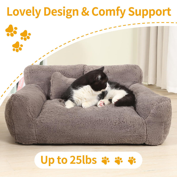 Fluffy Cat Couch for Indoor Cats, Small Dog Bed with Bone Shaped Pillow, Anti-Anxiety Pet Bed with Washable Cover, Brown