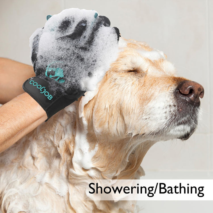 COOLJOB Patented Pet Grooming Gloves with Web, Reusable Washable Cleaning Brush Massage Hair Remover for Short Long Haired Dog Cat Horse Animal, Washing Bathing Shedding Supplies, Small, Blue Black