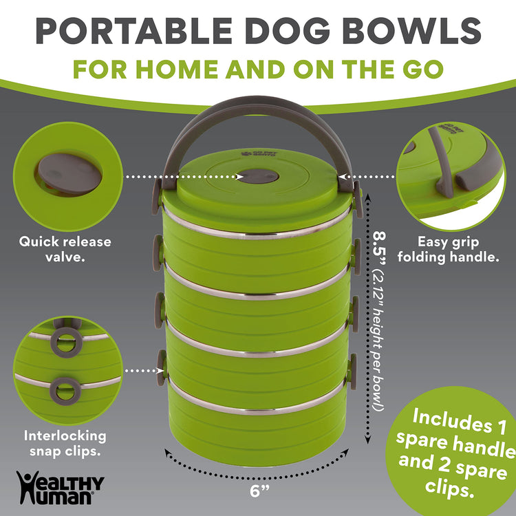 Healthy Human Travel Pet Bento Bowls - Human-Grade Stainless Steel & BPA-Free, Leak-Proof Water & Food Container Set for Dogs & Cats, 4-Pack Interlocking Bowls, Includes Spare Clips & Handle (Pink)