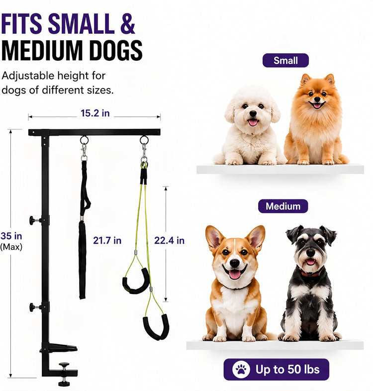 Dog Grooming Arm with Clamp, Adjustable Height 26"-40", Pet Grooming Table Arm with Hammock and No-Sit Holder, Dog Grooming Supplies for Small Medium Dogs, Grooming Restraint for Home or Salon