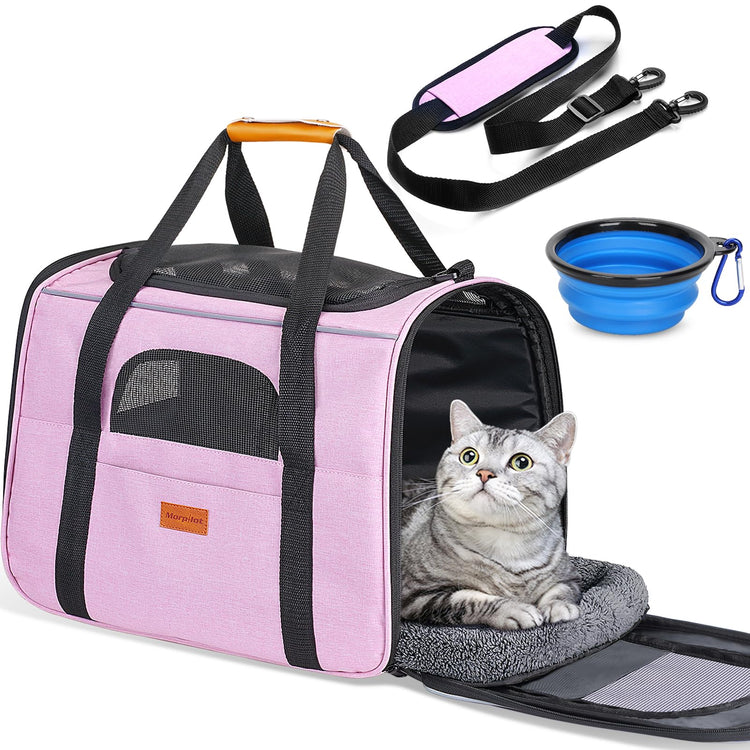 Morpilot Pet Carrier for Large Cats, Puppies & Small Dogs Up to 25lbs, Escape-Proof with Locking Zippers, Dual-Sided Cushion, Safety Buckle for Car & Vet Travel, Includes Foldable Bowl (Dark Gray)