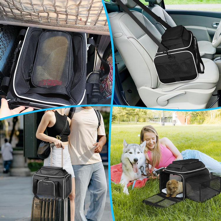 Petskd Top and Side Expandable Pet Carrier 18x11x11 Inches Delta United Airline Approved, Soft-Sided Carrier for Small Cats and Dogs with Locking Safety Zippers and Anti-Scratch Mesh(Black)