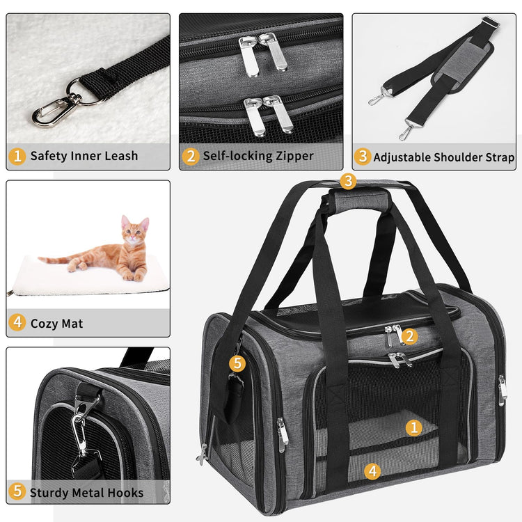 Soft-Sided Cat/Dog/Pet Carrier, Collapsible Pets Travel Carriers for Big Cats/Small Dogs with Shoulder Strap & Removable Mat, Mesh Puppy Carry Bag, Up to 16 Lbs, TSA Airline Approved(Black)