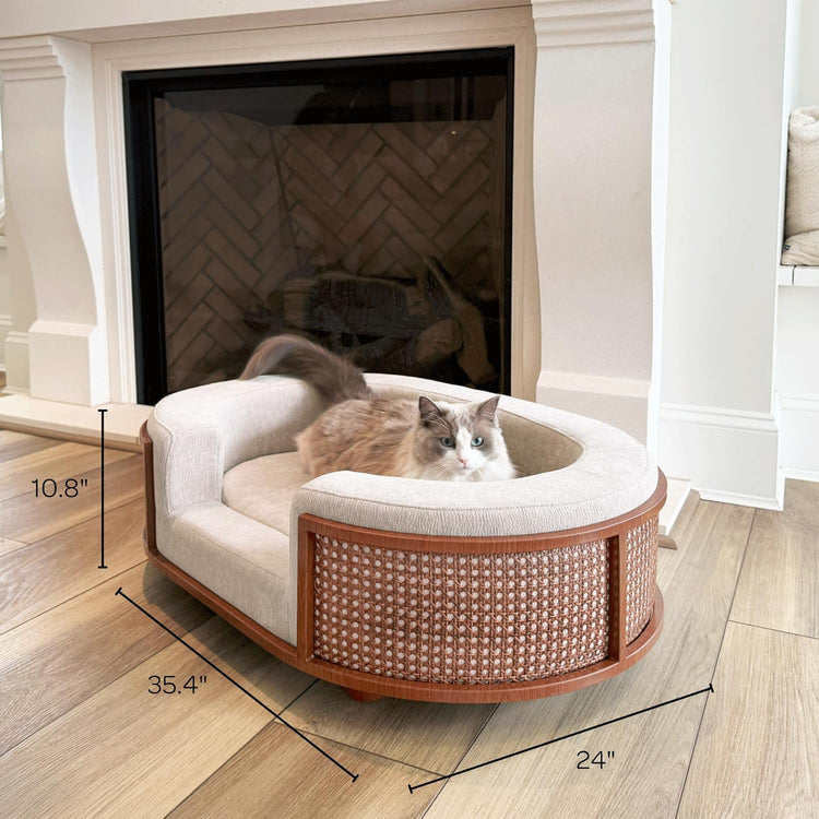 4 Cats & Dogs Gracie Rattan Bed for Small Pets, Walnut Wood Frame with Handwoven Rattan, Soft Removable Taupe Cushion, Small Pet Sofa Bed, Indoor Sofabed, Pet Furniture for Cats & Dogs - Taupe/Walnut