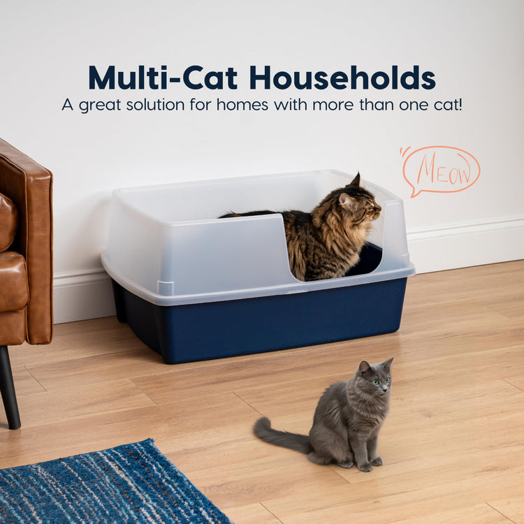 IRIS USA Cat Litter Box XX-Large Open Top with High Sided Walls Tall Scatter Shield Scoop Included Easy Clean Plastic Pan for Big Cats Kittens Multi-Cat Households 30"L x 20"W x 14"H Navy