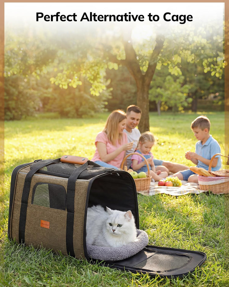 Morpilot Pet Carrier for Large Cats, Puppies & Small Dogs Up to 25lbs, Escape-Proof with Locking Zippers, Dual-Sided Cushion, Safety Buckle for Car & Vet Travel, Includes Foldable Bowl (Dark Gray)