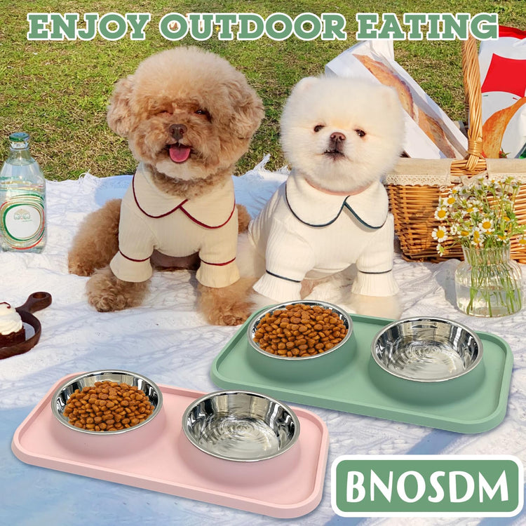 BNOSDM Double Dog Food Bowls Stainless Steel Dog Food and Water Bowls with Non-Spill Plastic Mat Pet Cat Feeder Bowl Set for Puppy Cats Kitten Small Medium Dogs Pink