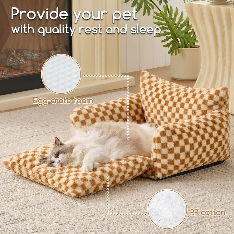 Hollypet Cat Bed Fluffy Plush Multifunctional Double-Layer Machine Washable Soft Warming Kitty Pet Couch Orthopedic Nest Beds for Small Cats Kitten and Dogs up to 13lbs, Khaki(25x20x13 inch)