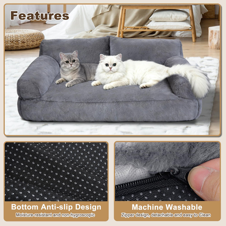 Large Cat Beds for Indoor Cats, Dog Couch Bed, Cute Cat Couch Sofas for Less 20lbs Kitten Puppy, Small Dog Sofas & Chairs with Removable Washable Cover, Soft Warm Pet Furniture, Cream