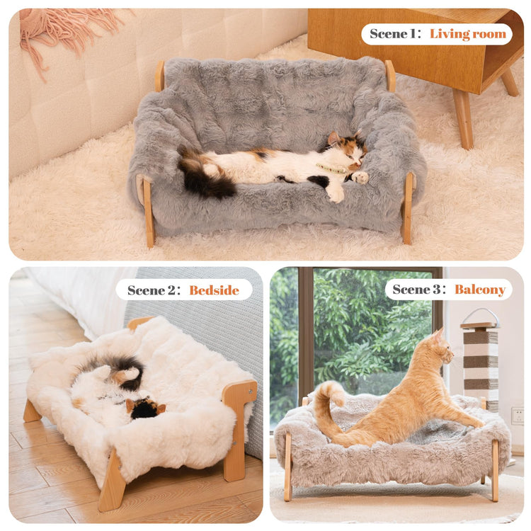 CHEERHOME PETS Elevated Cat Couch Bed for Indoor Cats, Wooden Cat Sofa with Removable Washable Fluffy Cover Raised Kitty Lounge Chair Suitable for Puppy(Cat Sofa Off-White)