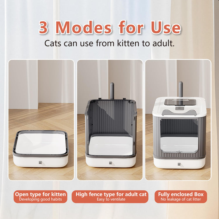 Upgraded Fully Enclosed Cat Litter Box with Lid, Covered Cat Box Enclosure, Anti-Splashing Easy to Clean Kitty Litter Boxes with Drawer, 3 Modes can Use from Kitten to Adult(White&Grey)