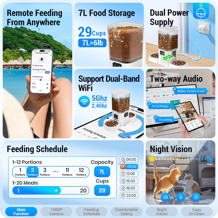 Frienhund Automatic Cat Feeder 2 Cats with Slow Feed: Dual Automatic Dog Feeder with 5G WiFi, Cat Food Dispenser with APP Control for Multiple Pets, Detachable for Easy Clean, Double Pet Bowl - 29 Cup