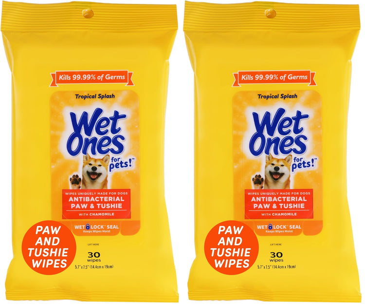 Wet Ones for Pets Paw and Tushie Dog Wipes with Chamomile, Tropical Splash Scent - Cleansing Grooming Wipes for Dog Paws and Butt Between Baths, Wet Lock Seal, 30 Count
