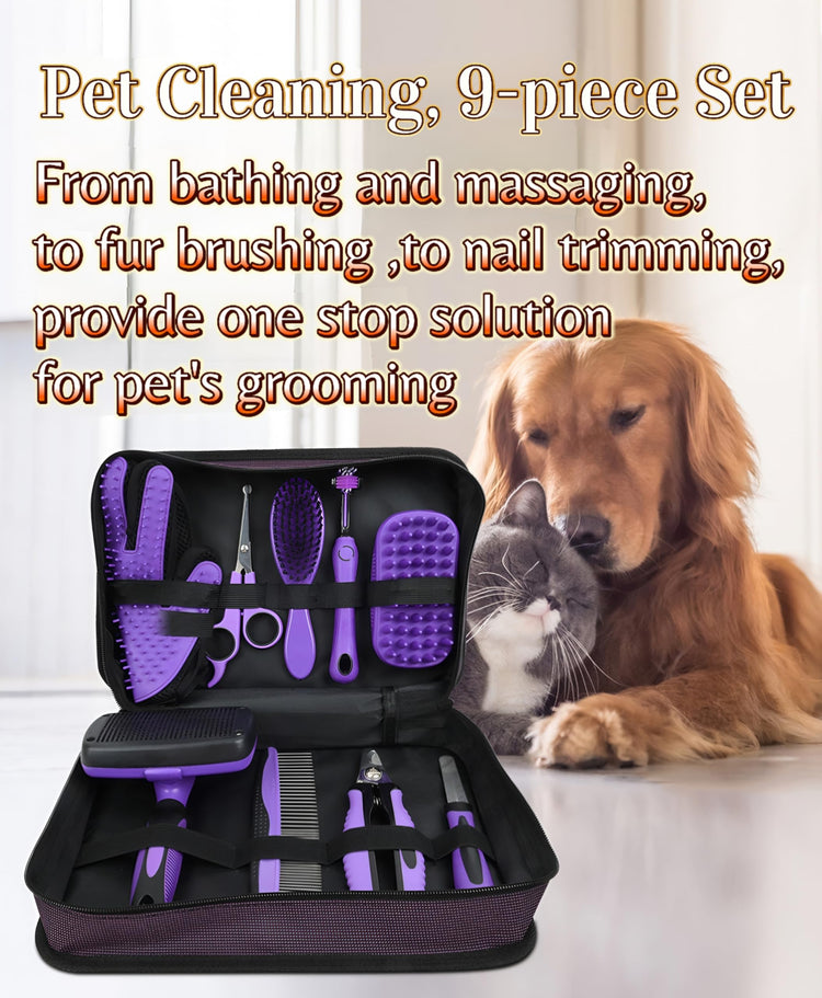 Pet Grooming Tools Kit-9 Packs Dog Cat Grooming Kit Dog Cat Grooming Supplies Dog Cat Brush Set Dog Nail Clippers and Cat Trimming Tools for Short and Long Hair Dog Cat Grooming (Purple)