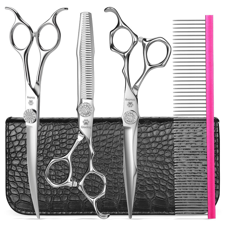 GLADOG Professional 5 in 1 Dog Grooming Scissors Set with Safety Round Tips, Sharp and Heavy-duty Pet Grooming Shears for Cats
