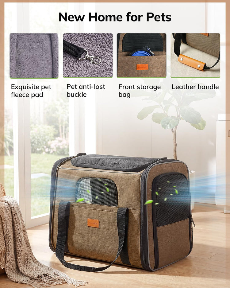 Morpilot Pet Carrier for Large Cats, Puppies & Small Dogs Up to 25lbs, Escape-Proof with Locking Zippers, Dual-Sided Cushion, Safety Buckle for Car & Vet Travel, Includes Foldable Bowl (Dark Gray)