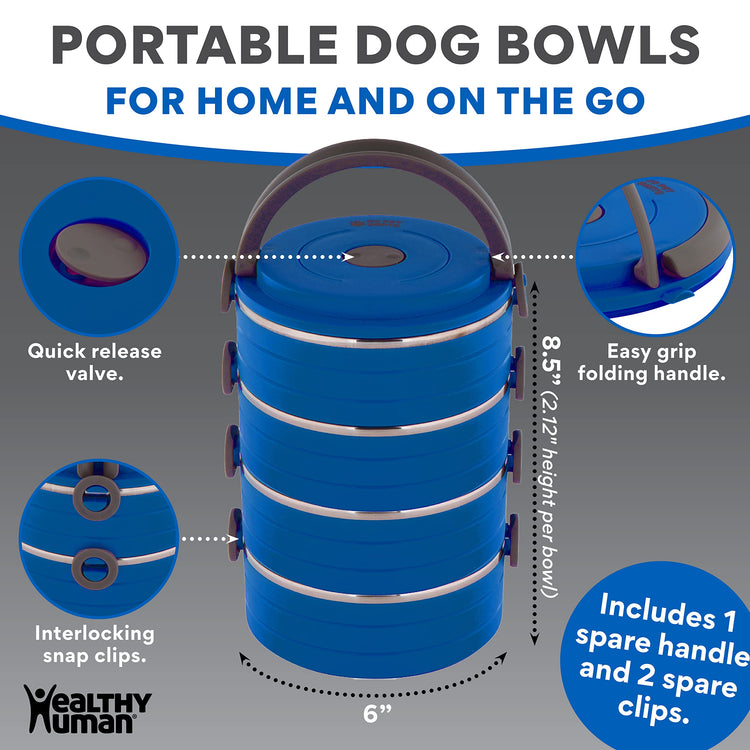Healthy Human Travel Pet Bento Bowls - Human-Grade Stainless Steel & BPA-Free, Leak-Proof Water & Food Container Set for Dogs & Cats, 4-Pack Interlocking Bowls, Includes Spare Clips & Handle (Pink)