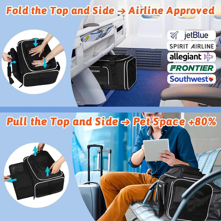 Petskd Top and Side Expandable Pet Carrier 18x11x11 Inches Delta United Airline Approved, Soft-Sided Carrier for Small Cats and Dogs with Locking Safety Zippers and Anti-Scratch Mesh(Black)