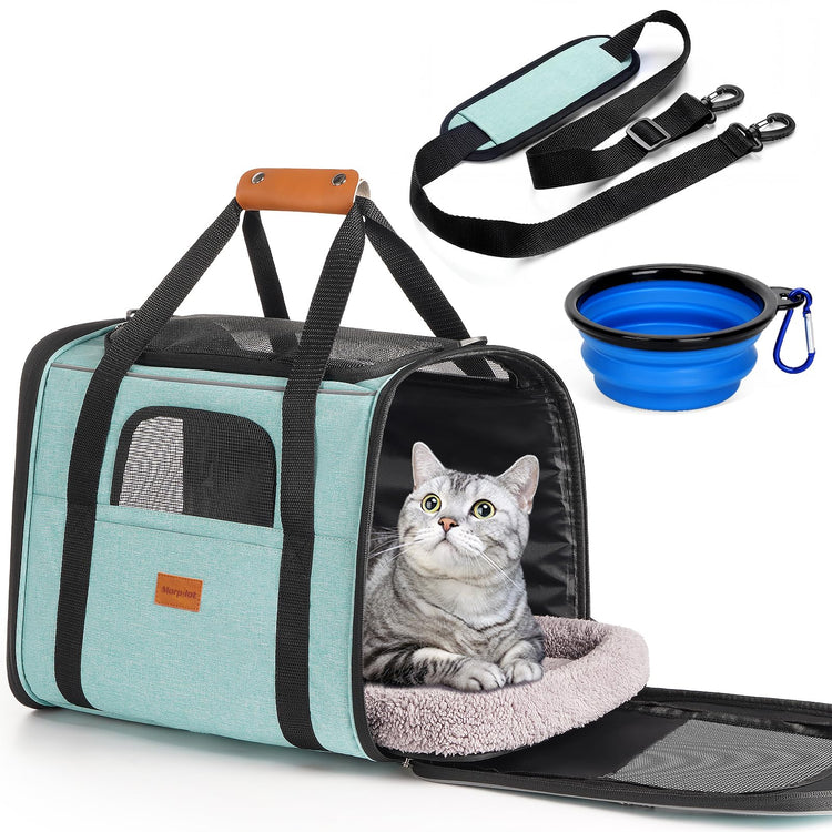 Morpilot Pet Carrier for Large Cats, Puppies & Small Dogs Up to 25lbs, Escape-Proof with Locking Zippers, Dual-Sided Cushion, Safety Buckle for Car & Vet Travel, Includes Foldable Bowl (Dark Gray)