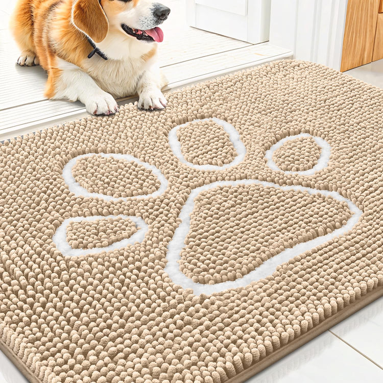 Smiry Dog Door Mat for Muddy Paws, Absorbent Dirt Trapper Non Slip Quick Dry Washable Chenille Mat for Mud Dogs, Entry Rug for Indoor and Outdoor (30x20 Inches, Grey and Black)