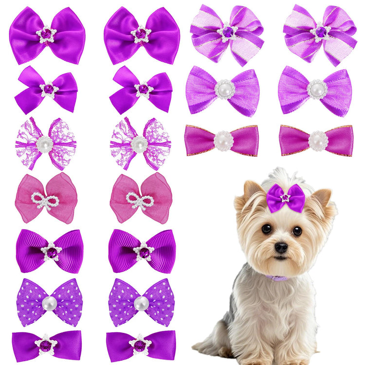 20 PCS Cute Dog Hair Bows with Rubber Bands Elastic Handmade Mix Style Lace Rhinestone Pearls for Furry Puppy Cat Pet Girl, Pink