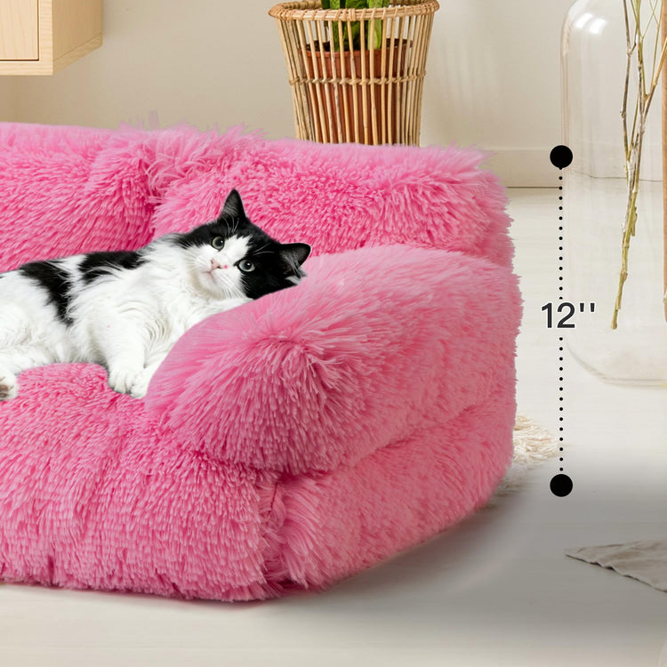 Large Cat Beds for Indoor Cats, Dog Couch Bed, Cute Cat Couch Sofas for Less 20lbs Kitten Puppy, Small Dog Sofas & Chairs with Removable Washable Cover, Soft Warm Pet Furniture, Cream