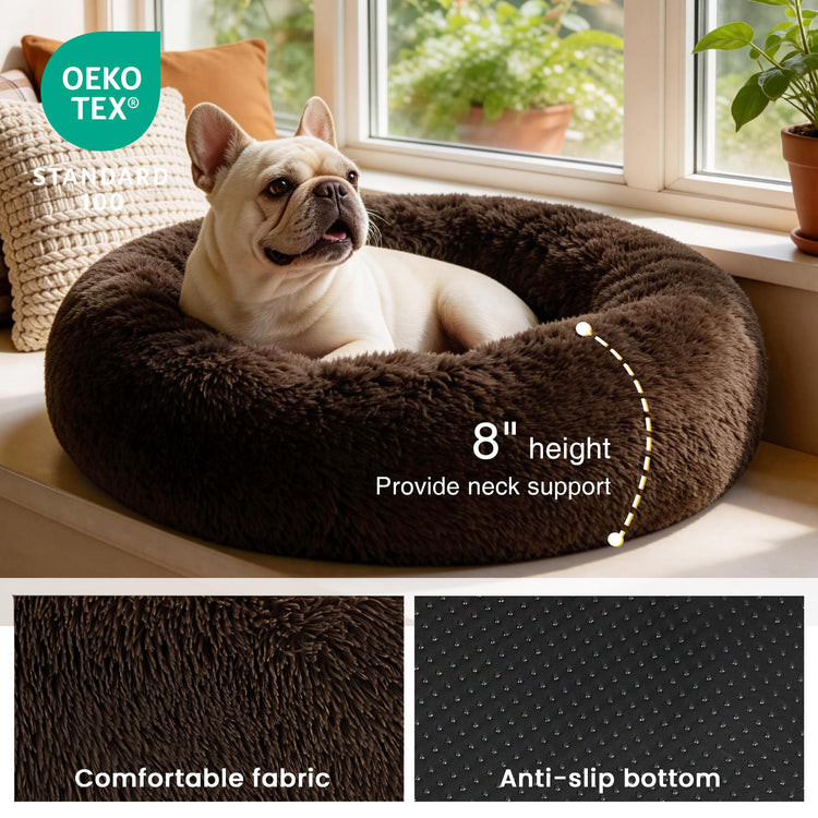 Love's cabin Calming Dog & Cat Bed, Cat Bed for Indoor Cats, Anti-Anxiety Donut Round Bed, Fluffy Warming Pet Bed for Small Medium Dogs and Cats, Beige Taupe 20"/24"