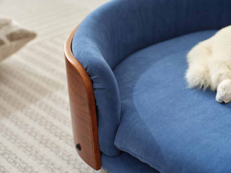 HomSof 26.38" Scandinavian Style Elevated Dog Cat Bed Pet Sofa with Solid Wood Legs and Bent Wood Back with Velvet Cushion,Small Size，Navy+Brown