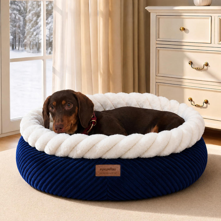 FUKUMARU Cat Bed, Calming Donut Dog Beds, Plush Faux Fur&Corduroy Kitten Beds, Cute Round Washable Pet Bed for Large Cats and Puppy, Cat Cave with Anti-Slip Bottom, 21inch, Camel