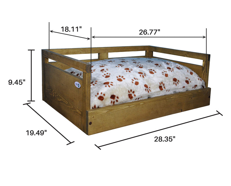 Iconic Pet Sassy Paws Wooden Pet Bed with Paw Printed Comfy Cushion for Dogs & Cats in Varying Sizes & Colors, Small-Rustic Brown