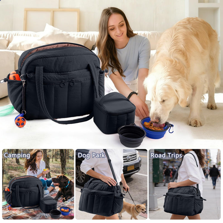 Dog Travel Bag for Supplies, Airline Approved Pet Travel Organizer with 2 Food Containers & Collapsible Bowls, Large Capacity Dogs Tote Bag for Weekend, Stylish Dog Mom Gift for Pet Lovers