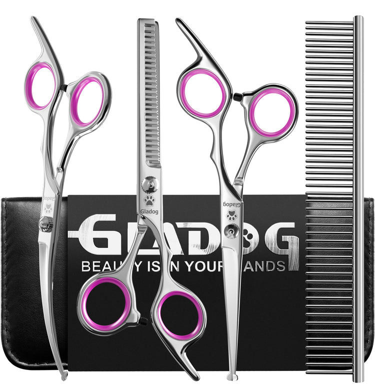 GLADOG Professional 5 in 1 Dog Grooming Scissors Set with Safety Round Tips, Sharp and Heavy-duty Pet Grooming Shears for Cats