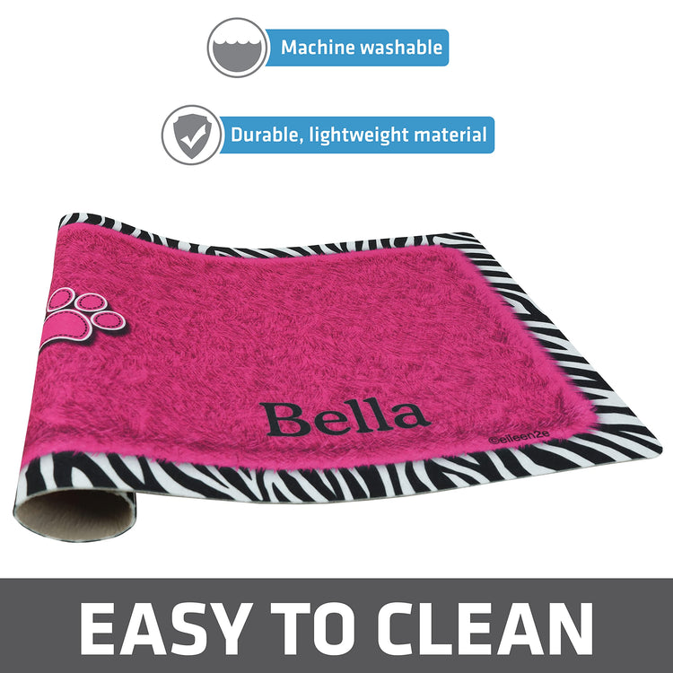 Drymate Personalized Pet Bowl Placemat, Custom Dog & Cat Food Feeding Mat - Absorbent Fabric, Waterproof Backing - Machine Washable/Durable (USA Made) (12" x 20") (Zebra Pink)