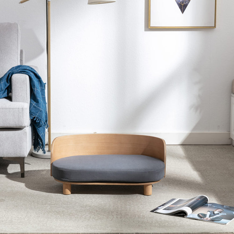 HomSof 26.38" Scandinavian Style Elevated Dog Cat Bed Pet Sofa with Solid Wood Legs and Bent Wood Back with Velvet Cushion,Small Size，Navy+Brown