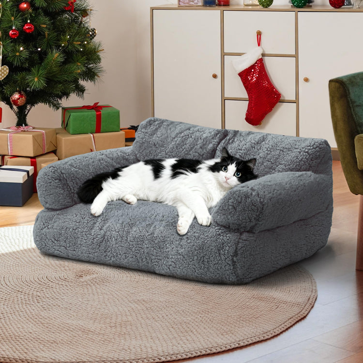 Large Cat Beds for Indoor Cats, Dog Couch Bed, Cute Cat Couch Sofas for Less 20lbs Kitten Puppy, Small Dog Sofas & Chairs with Removable Washable Cover, Soft Warm Pet Furniture, Cream