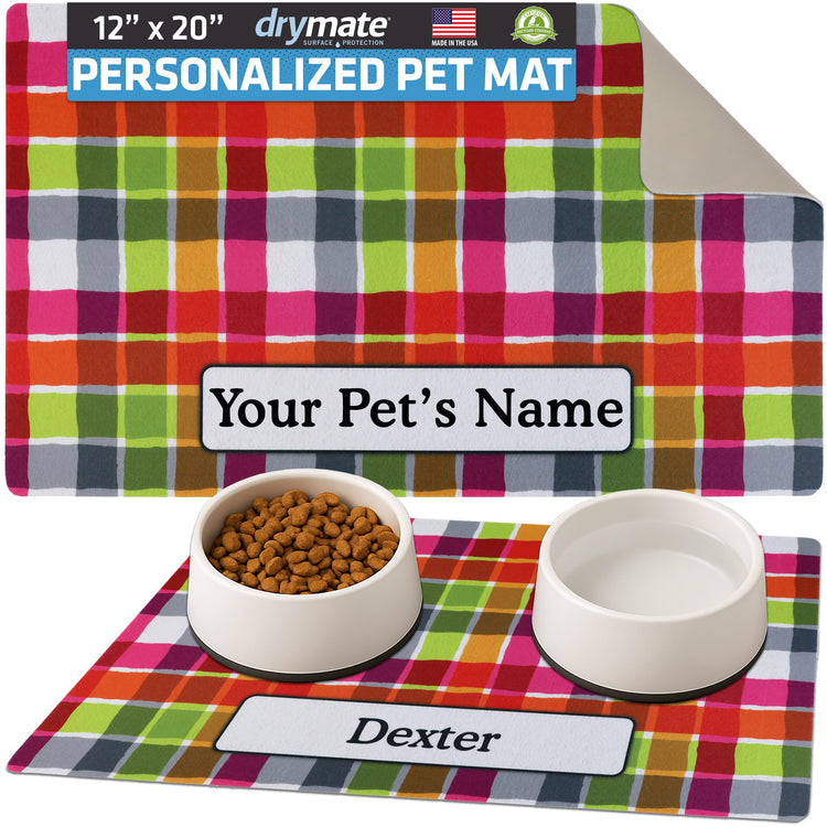 Drymate Personalized Pet Bowl Placemat, Custom Dog & Cat Food Feeding Mat - Absorbent Fabric, Waterproof Backing - Machine Washable/Durable (USA Made) (12" x 20") (Zebra Pink)