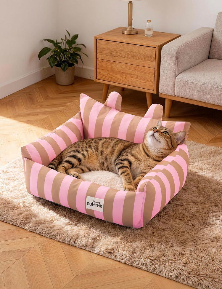 Cat Couch, Reversible Pet Bed for Indoor Cats – 2-Sided Cat Sofa with Oxford Fabric and Plush Fleece, Washable Small Dog Couch for Puppies and Senior Pets, Non-Slip Bottom, 28 inch, Pink Brown