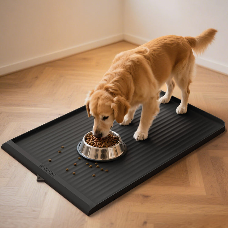 Dog Food Mat 36"x24", Waterproof Pet Feeding Mat with Diversion Grooves and Raised Edges, Large Non-Slip Dog Bowl Mat for Food and Water, Cat Food Mat for Floors, Easy to Clean, Grey